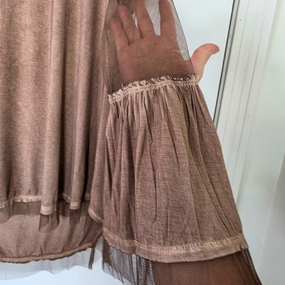 POL Cocoa (Brown) Long-Sleeve Tunic Sheer Mesh Sleeve, Cuff and Hem Size M - Picture 5 of 9